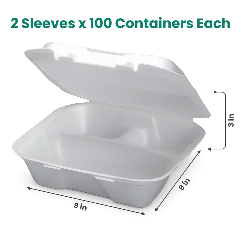 Dinelux Series Three-Compartment Foam Take Out Container with Hinged Lid, Large, 9" x 9" x 3", White, 200/Case