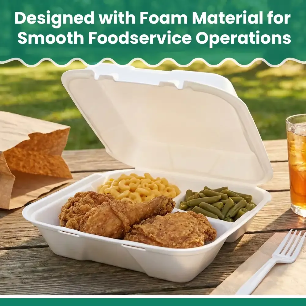 Dinelux Series Three-Compartment Foam Take Out Container with Hinged Lid, Large, 9" x 9" x 3", White, 200/Case