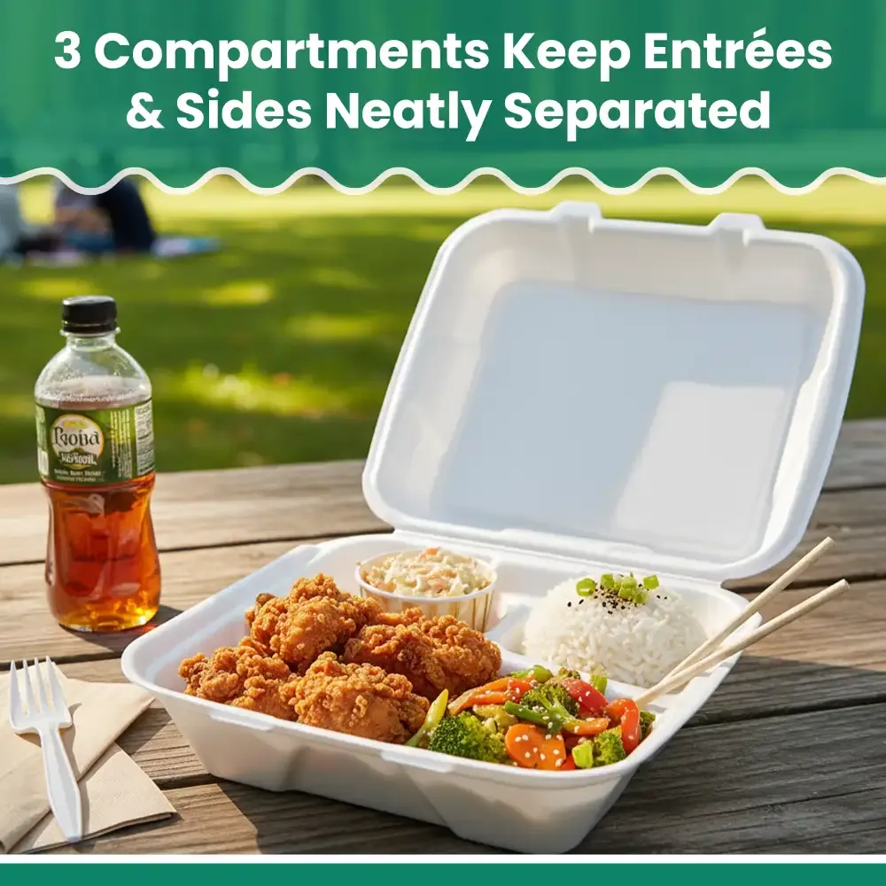 Dinelux Series Three-Compartment Foam Take Out Container with Hinged Lid, Large, 9" x 9" x 3", White, 200/Case