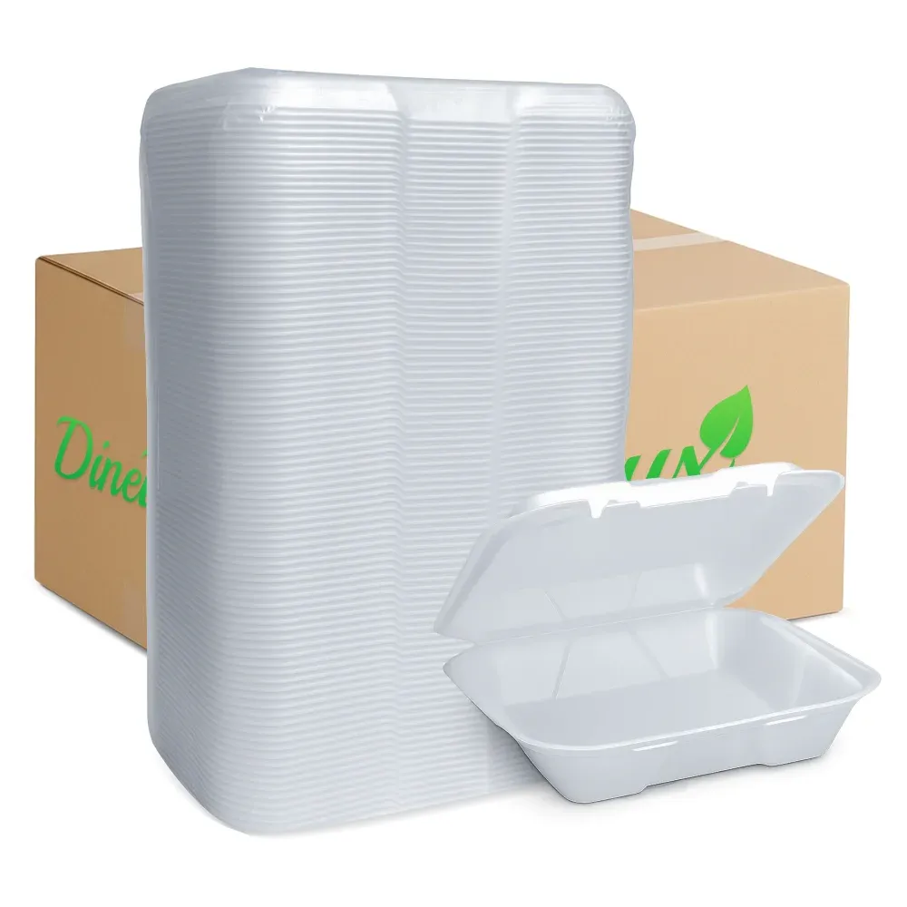 Dinelux Series One-Compartment Foam Take Out Container with Hinged Lid, Square, Medium, 8" x 8" x 3", White, 200/Case