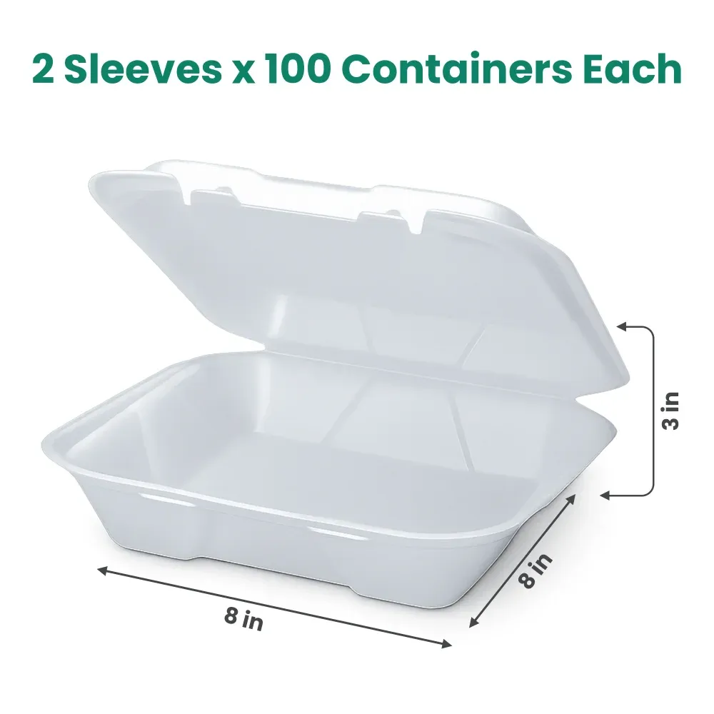 Dinelux Series One-Compartment Foam Take Out Container with Hinged Lid, Square, Medium, 8" x 8" x 3", White, 200/Case