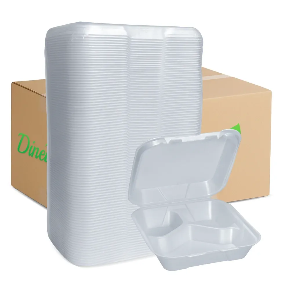 Dinelux Series Three-Compartment Foam Take Out Container with Hinged Lid, Square, Medium, 8" x 8" x 3", White, 200/Case