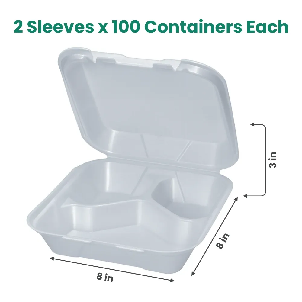 Dinelux Series Three-Compartment Foam Take Out Container with Hinged Lid, Square, Medium, 8" x 8" x 3", White, 200/Case