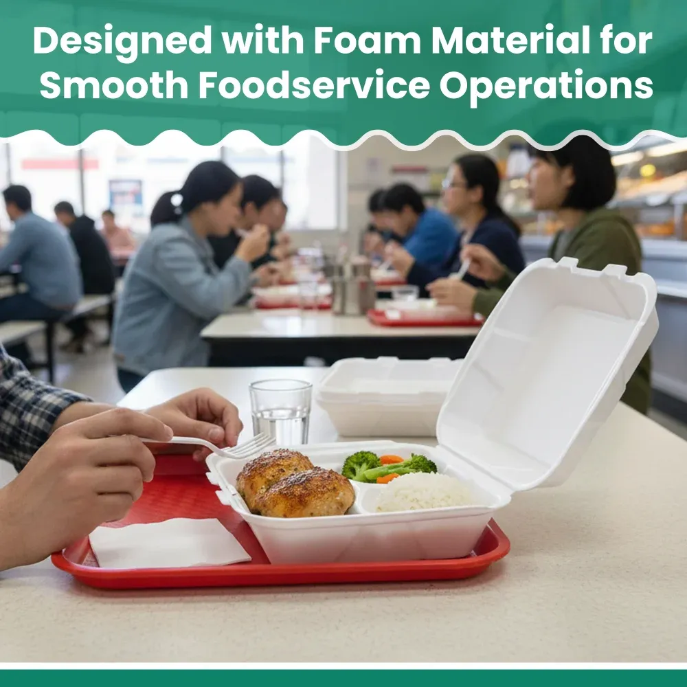 Dinelux Series Three-Compartment Foam Take Out Container with Hinged Lid, Square, Medium, 8" x 8" x 3", White, 200/Case