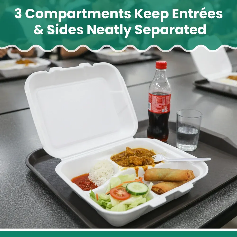 Dinelux Series Three-Compartment Foam Take Out Container with Hinged Lid, Square, Medium, 8" x 8" x 3", White, 200/Case