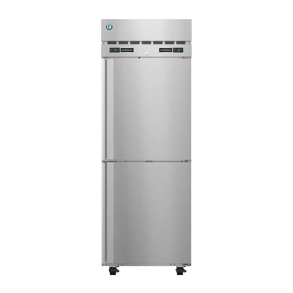 Compact two section combo refrigerator freezer from Hoshizaki America with solid stainless doors and a top compressor for a small kitchen layout.
