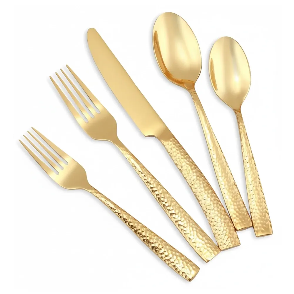 ServeCraft Series Stainless Steel Cutlery Set, Gold Hammered, Service for 4, 20 Pieces