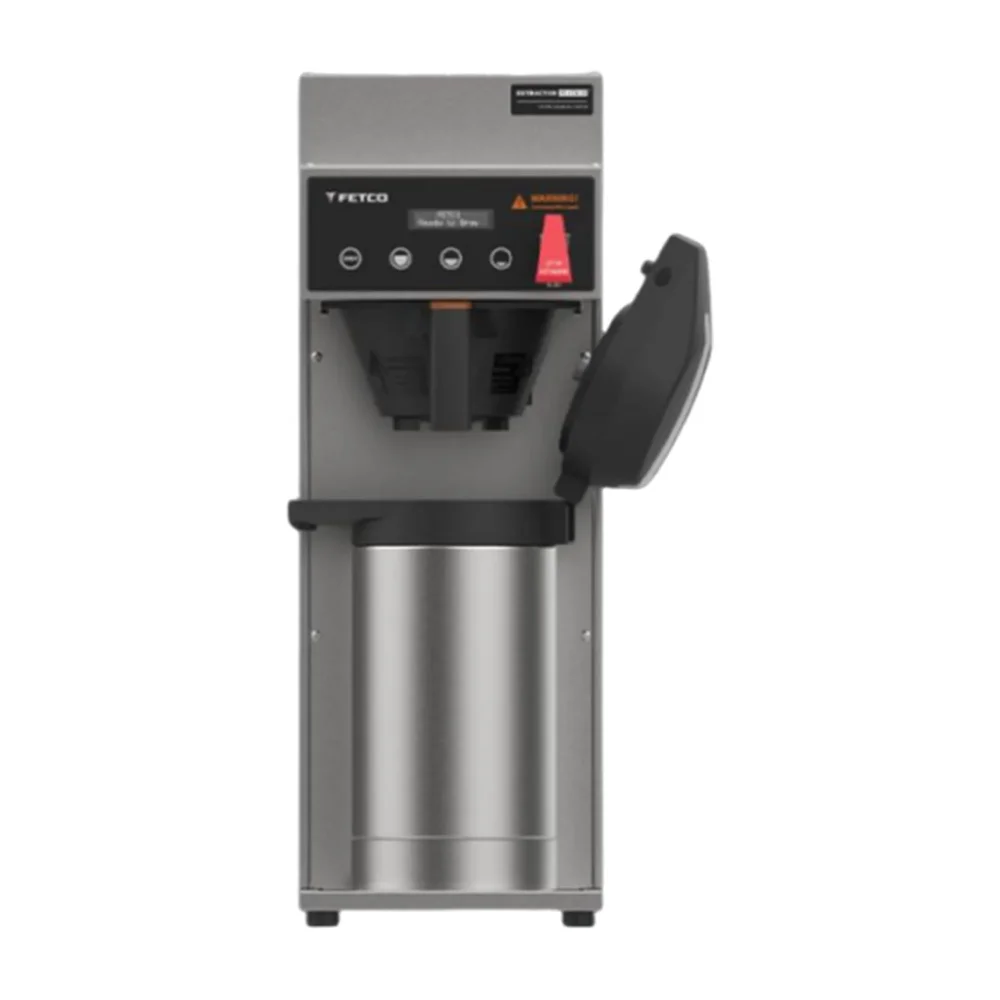 Fetco E1221US-1X117-MM001 Single Automatic Airpot Brewer with 3 1/2 oz Metal Brewing Basket, Stainless Steel, 120V/240V, 4.4-8 Gallon/hr