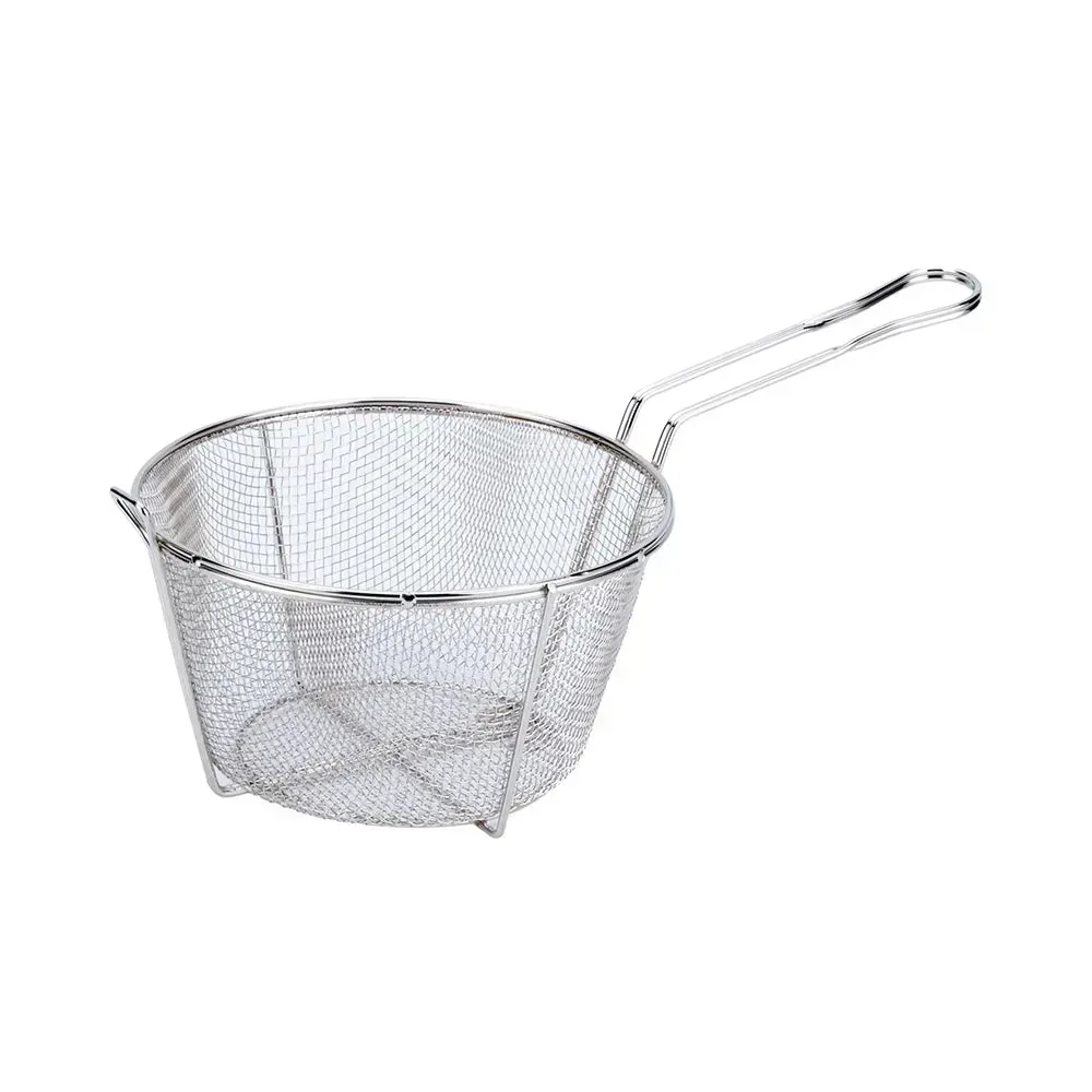 CAC China small round nickel-plated fry basket with sturdy handle, great for personal portions of fried foods, appetizers, or snacks at home.