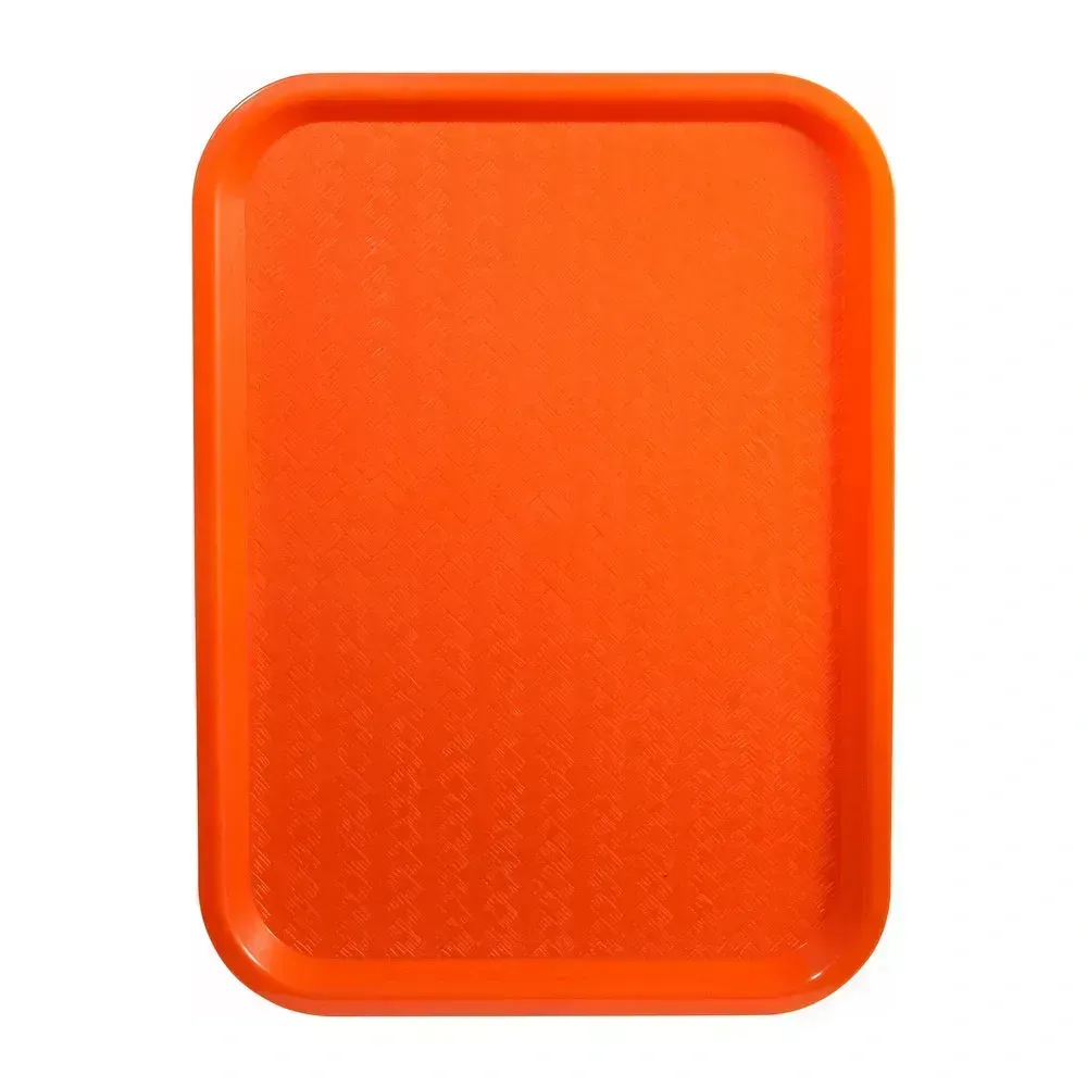 Orange plastic fast food tray by Winco, designed for frequent use in quick service restaurants, durable and lightweight for high volume service.