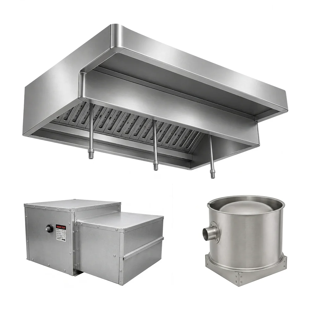FumeGuard Series 4' Wall Mounted Grease Hood System with Supply Plenum, Exhaust & Supply Fans, Stainless Steel - Heavy-Duty