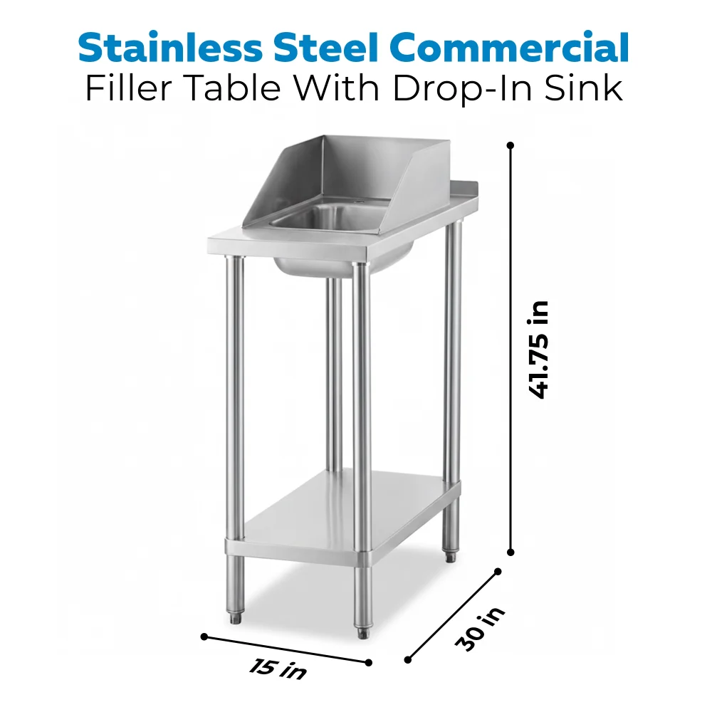 30" x 15" 18 Gauge Filler Table with Drop-In Sink, 304 Stainless Steel