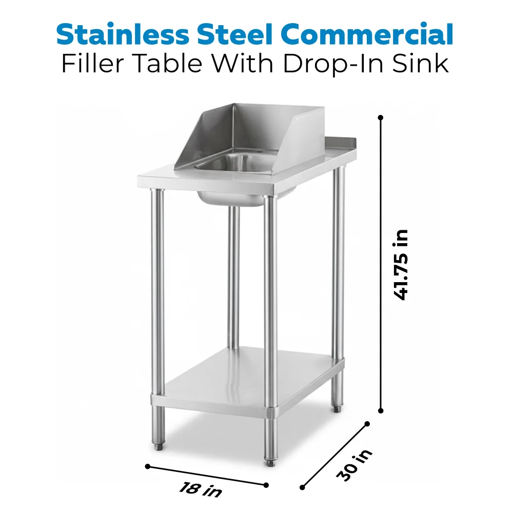 30" x 18" 18 Gauge Filler Table with Drop-In Sink, 304 Stainless Steel