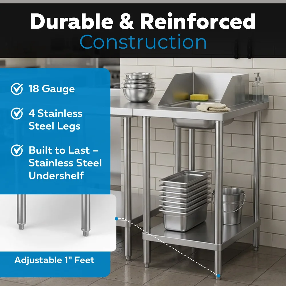 30" x 18" 18 Gauge Filler Table with Drop-In Sink, 304 Stainless Steel