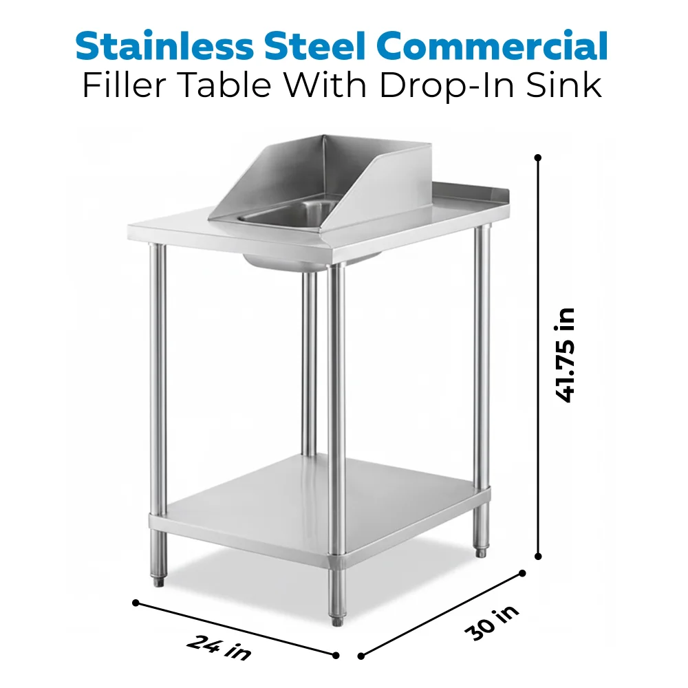 30" x 24" 18 Gauge Filler Table with Drop-In Sink, 304 Stainless Steel