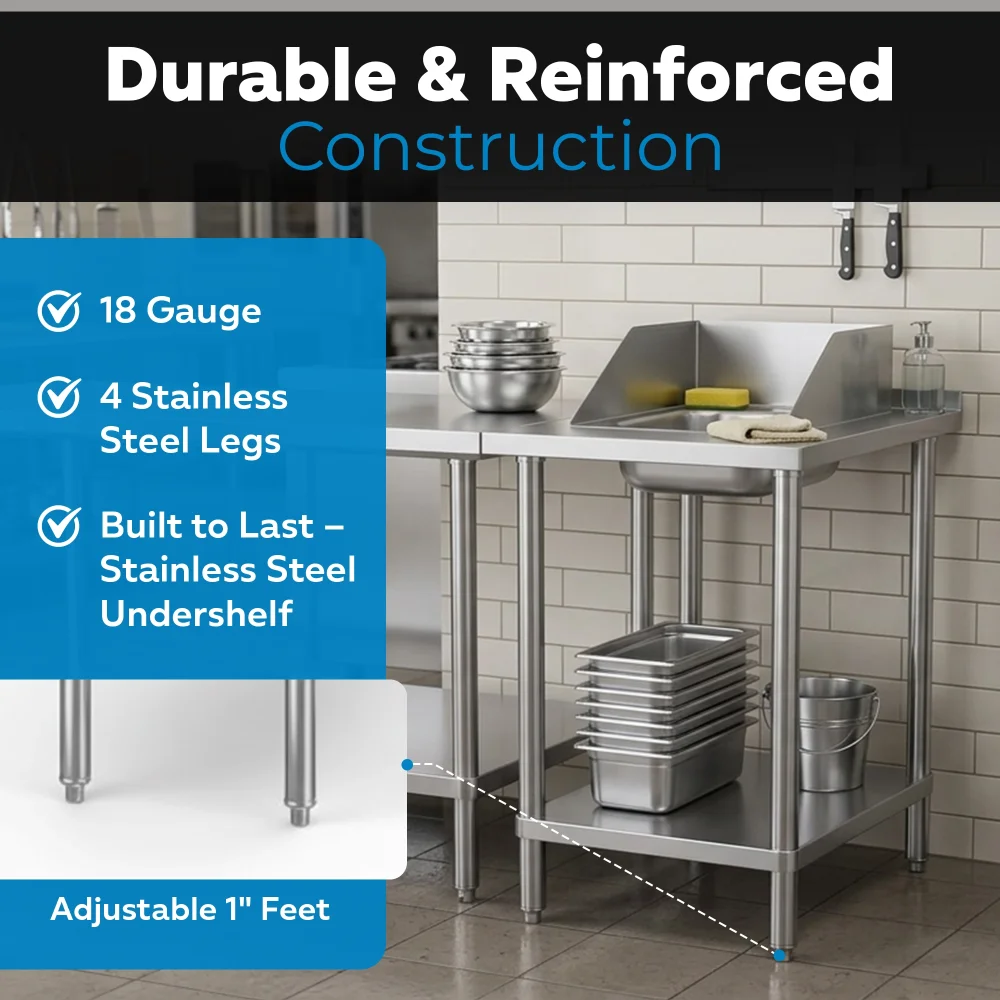 30" x 24" 18 Gauge Filler Table with Drop-In Sink, 304 Stainless Steel