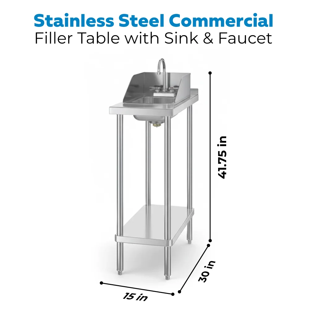 30" x 15" 18 Gauge Filler Table with Drop-In Sink and Faucet, 304 Stainless Steel