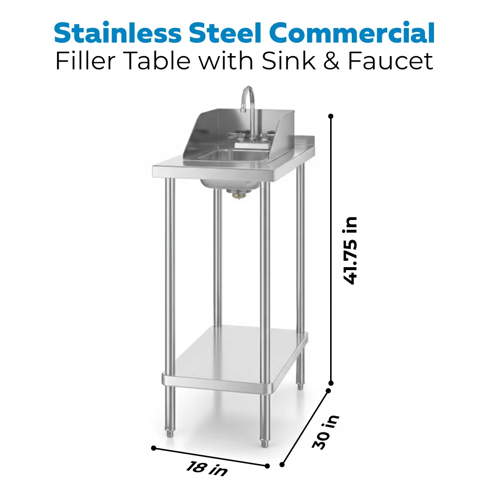 30" x 18" 18 Gauge Filler Table with Drop-In Sink and Faucet, 304 Stainless Steel