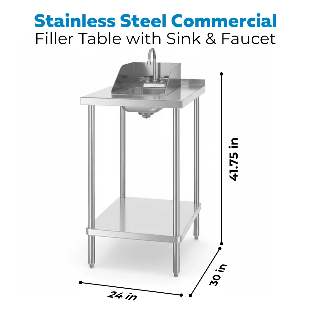 30" x 24" 18 Gauge Filler Table with Drop-In Sink and Faucet, 304 Stainless Steel