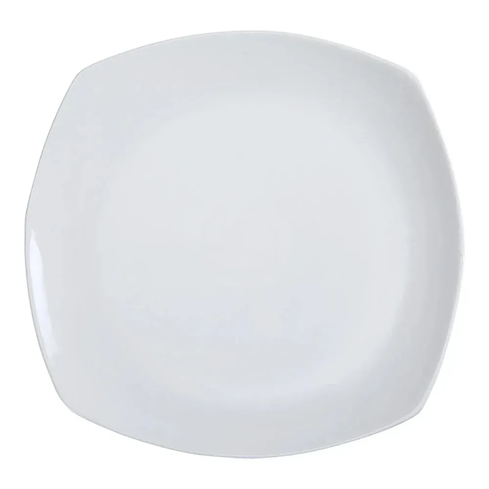 Yanco China large bone white square flat plate offers a sleek modern canvas for creative plating in refined dining and contemporary hospitality.