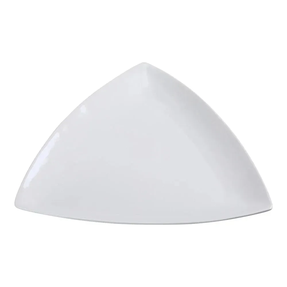 Yanco China bone white triangular plate blends style and practicality, ideal for unique and creative plating in upscale restaurant presentations.