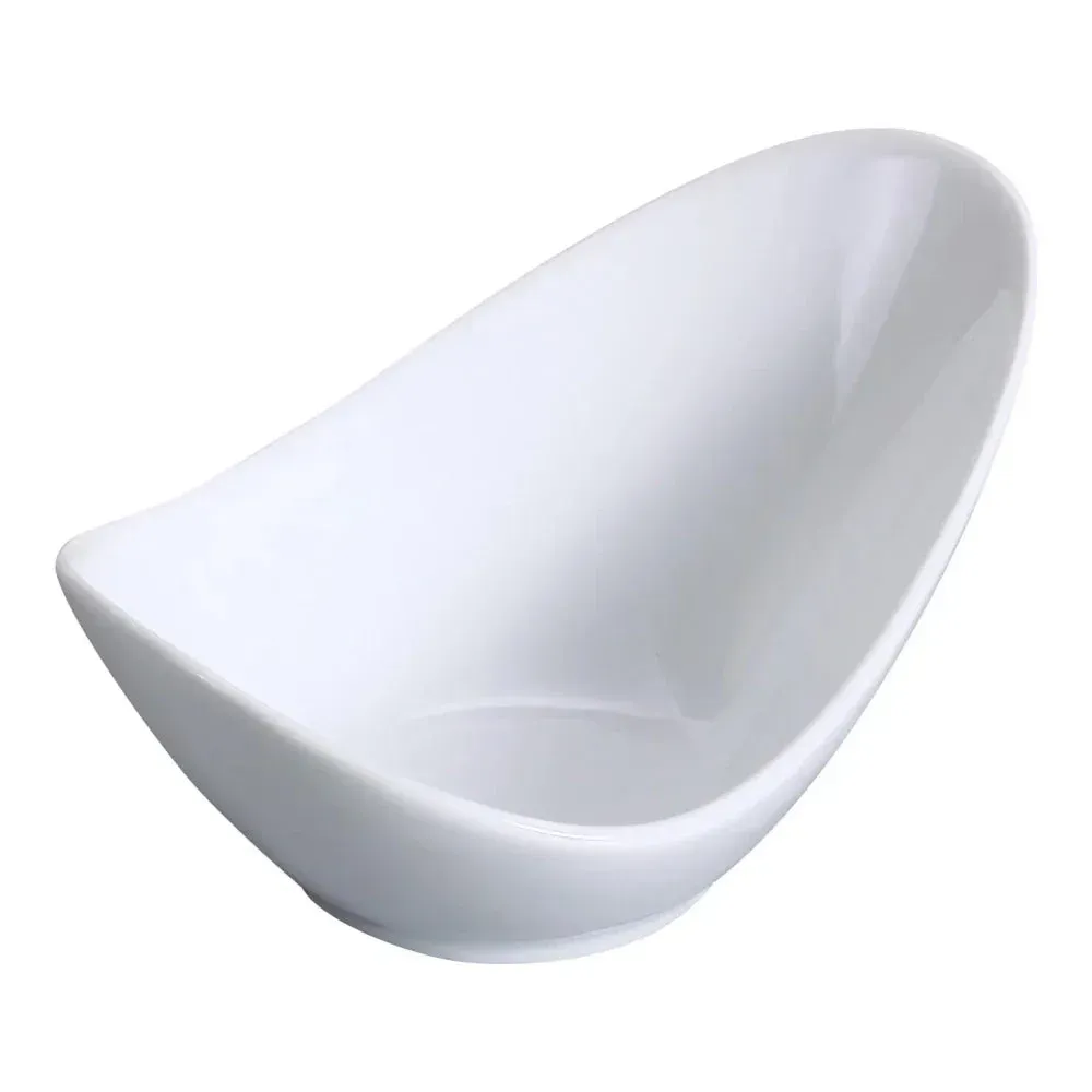 Yanco fuji boat-shaped fortune bowl in white chinaware, versatile and durable, ideal for serving soups, sauces, or sides in restaurants and cafes.