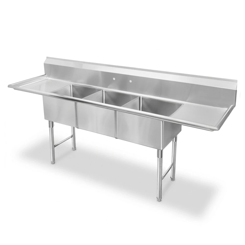 ChefPro Series 90" 3-Compartment Commercial Sink with 2 Drainboards, 18" x 18" x 12" Bowls