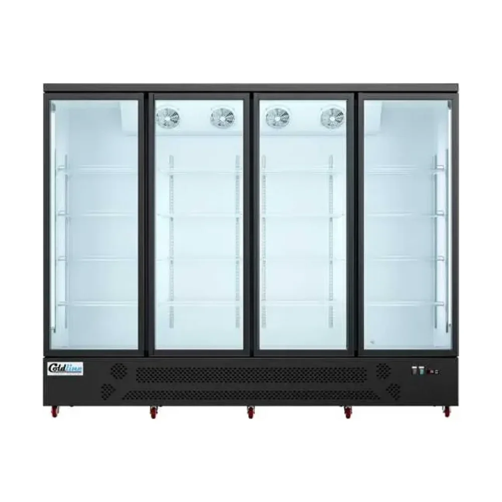 Coldline 98" Reach-In Merchandiser Refrigerator, Black, 4 Glass Swing Doors, 1 Year Warranty