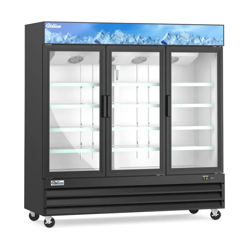 Coldline 78" Reach-In Merchandiser Refrigerator, Black, 3 Glass Swing Doors, 1 Year Warranty