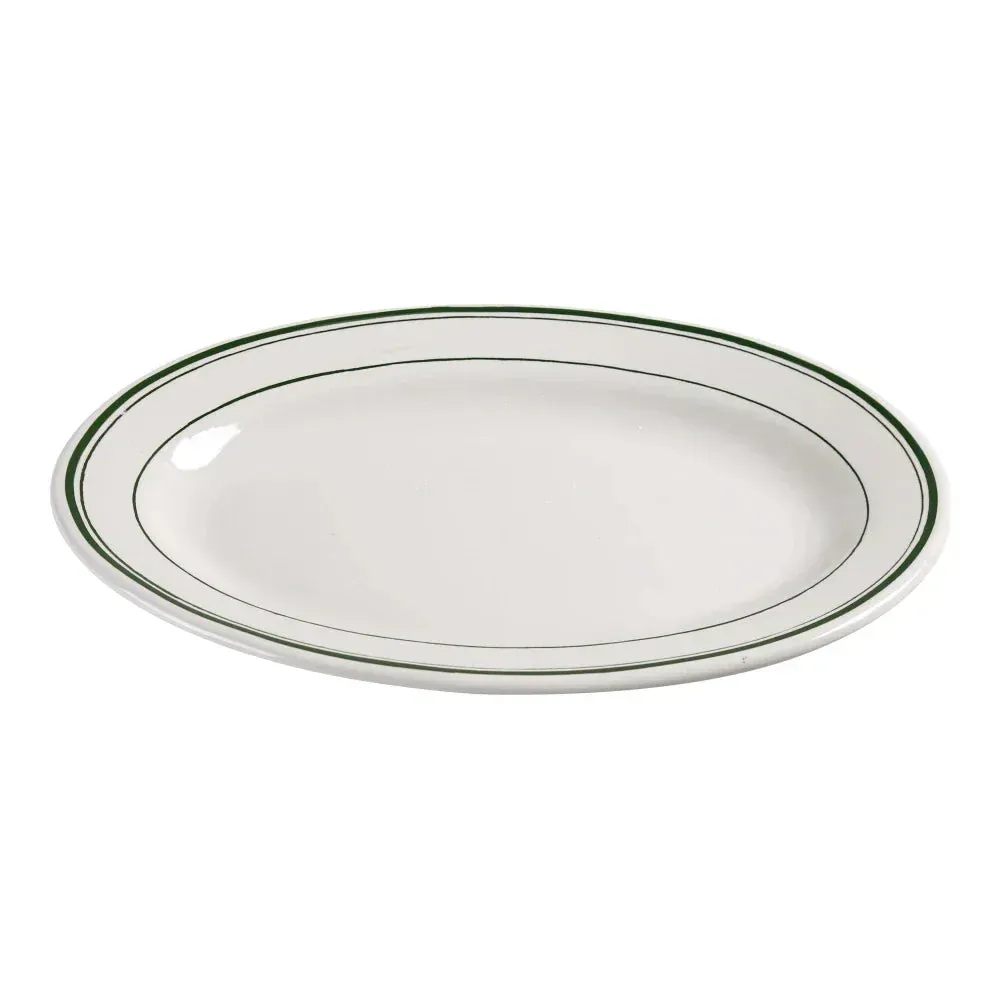 Yanco green band oval platter in chinaware, practical and stylish, ideal for serving main courses, appetizers, or sides in restaurants and cafes.