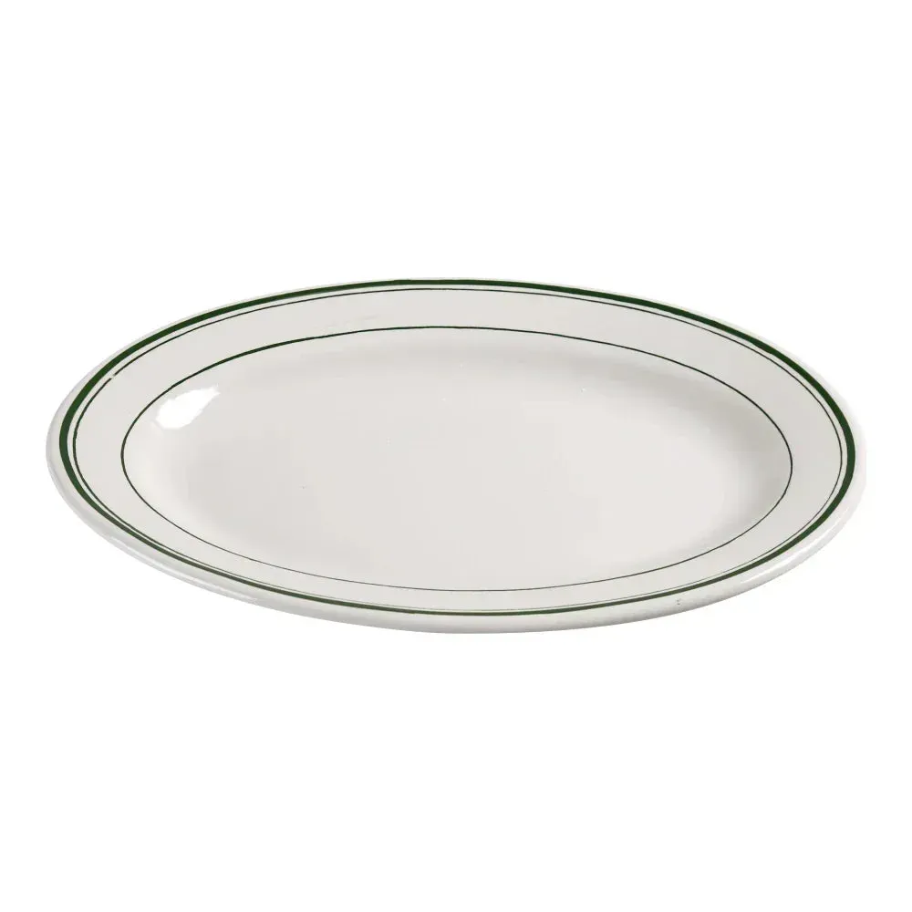 Yanco green band oval platter in chinaware, sturdy and practical, ideal for serving main courses, appetizers, or sides in restaurants and cafes.