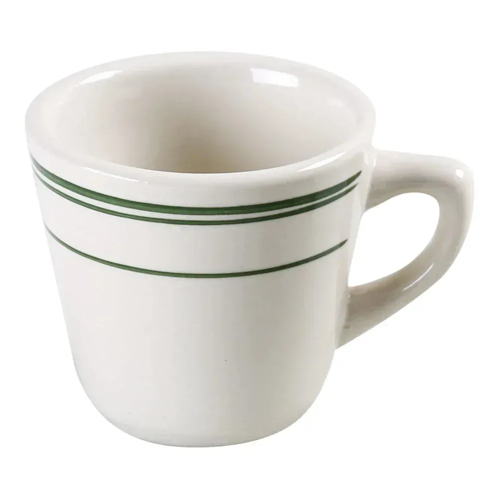 Yanco green band tall cup in white ceramic, versatile and sturdy, ideal for beverages like tea or coffee in restaurants and cafes.