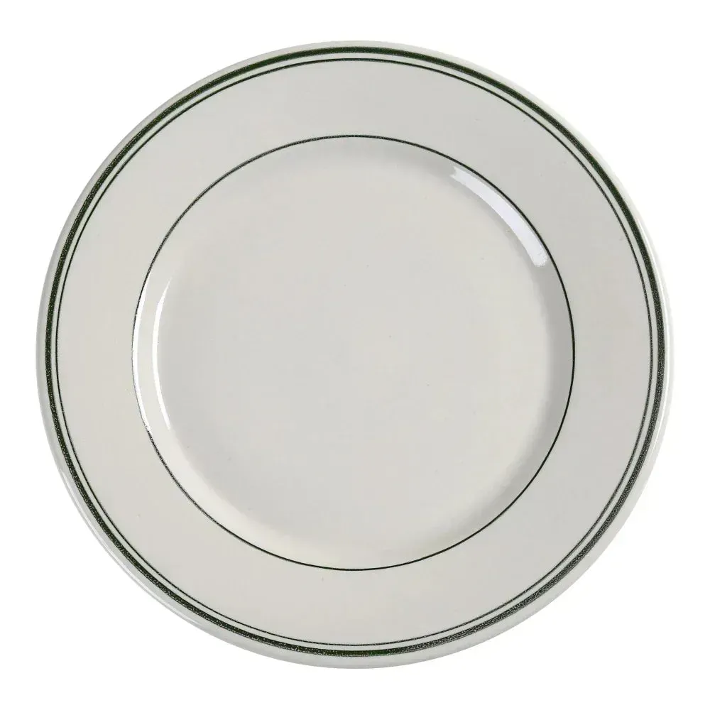 Yanco green band round plate in white ceramic, stylish and practical, perfect for serving main courses, sides, or appetizers in restaurants and cafes.