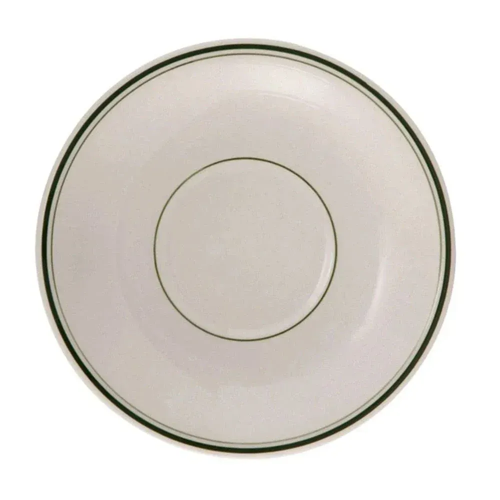 Yanco green band round saucer in white ceramic, practical and sturdy, perfect for pairing with cups or serving small bites in restaurants and cafes.