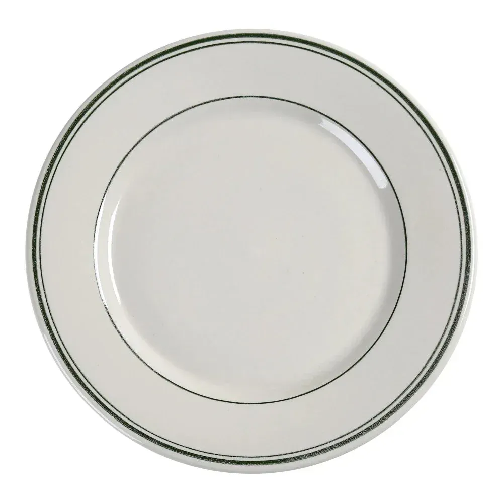 Yanco China green band round plate, compact white ceramic with green rim, perfect for bread, desserts, restaurants, and catered service.