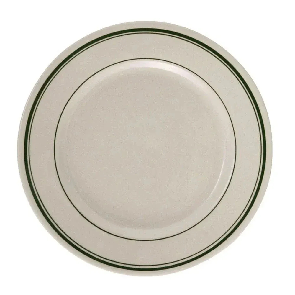 Yanco China green band round plate, versatile white ceramic with green rim, ideal for salads, desserts, catering, and large event service.