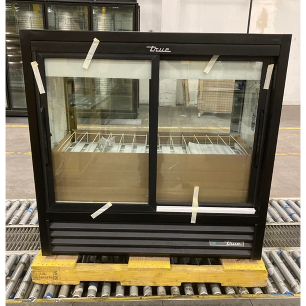 Used True GDM-41CPT-48-HC-LD 48" Pass-Thru Merchandiser Refrigerator, 2 Sections, Sliding Doors, 3-Year Limited Warranty