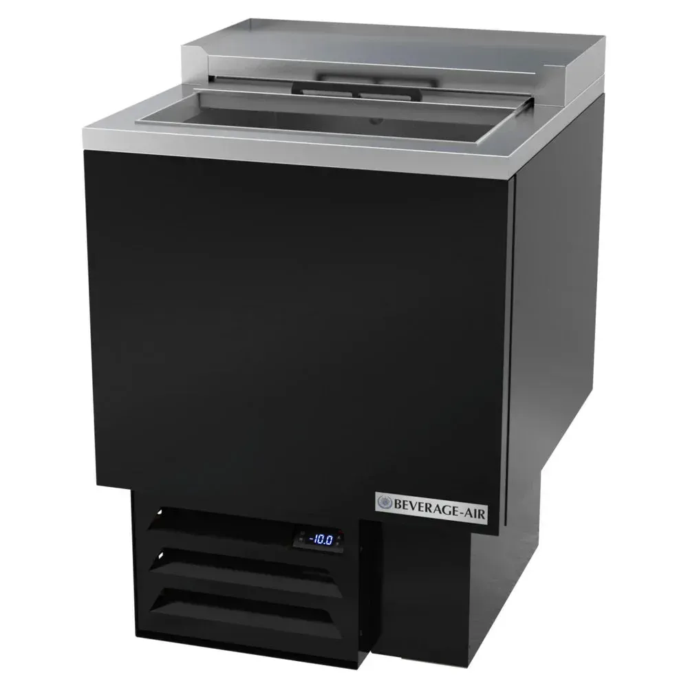 Beverage-Air black glass froster and plate chiller with space-saving design chills drinkware quickly in tight bar areas without losing performance.