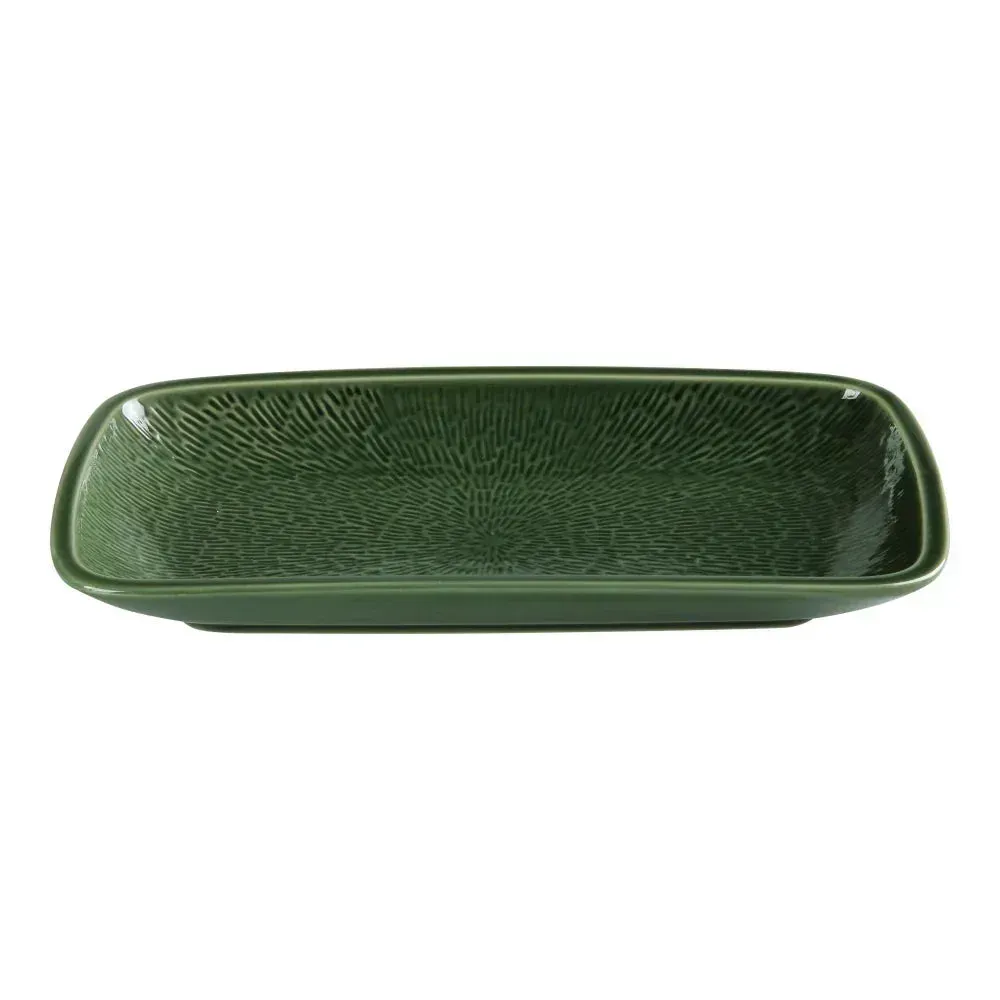 Yanco China green chinaware rectangular plate, durable reusable catering serveware, perfect for tapas and petite portioned food displays.
