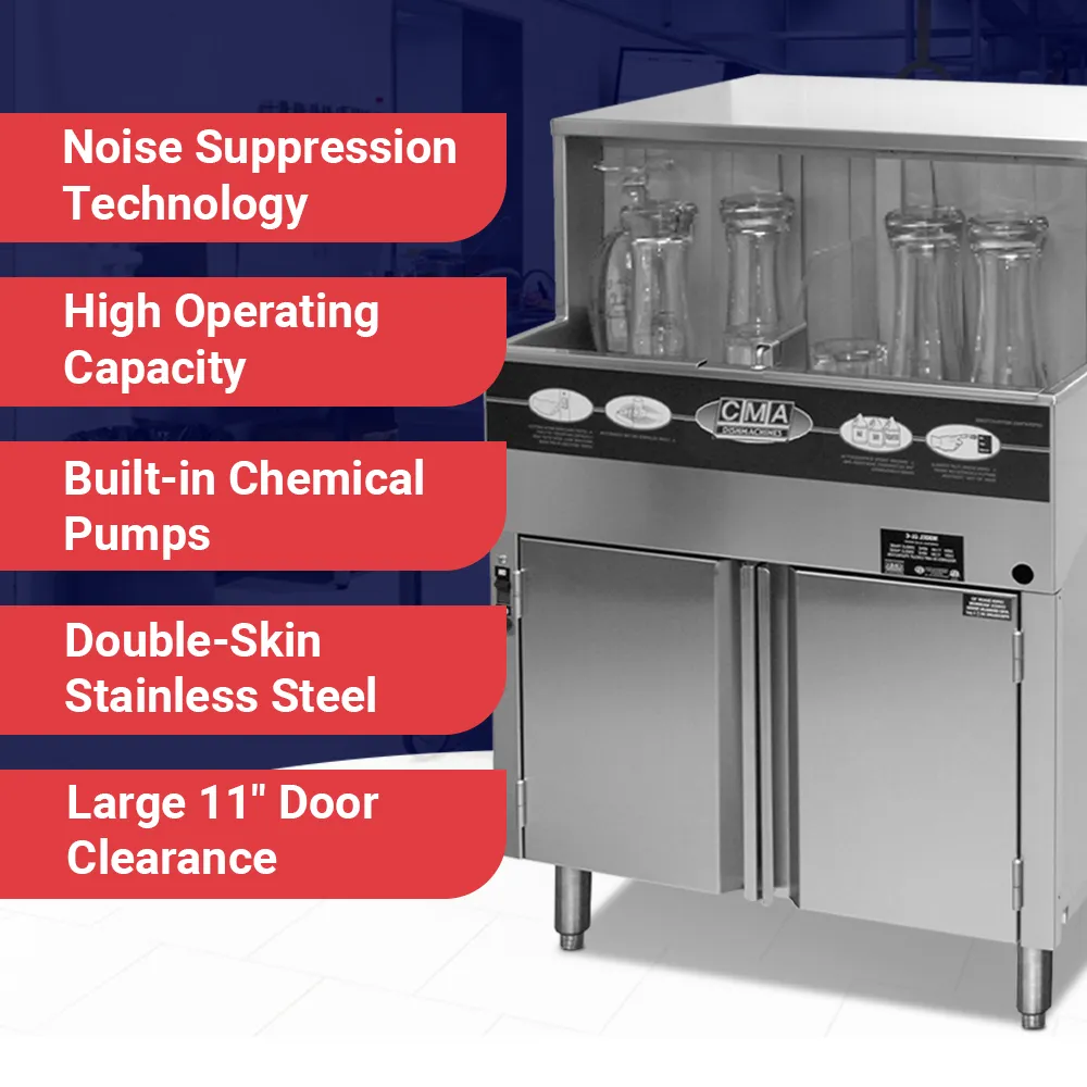 Low-temp chemical sanitizing CMA undercounter glasswasher with ScrapTrap removes debris and delivers spotless resultsideal for hotels and bars.