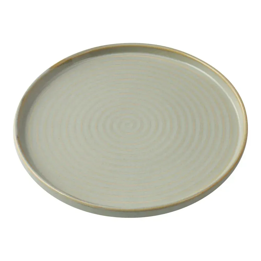 Nine inch round plate from Yanco China, with an upright rim and swirled texture perfect for salads or modern appetizer presentations.