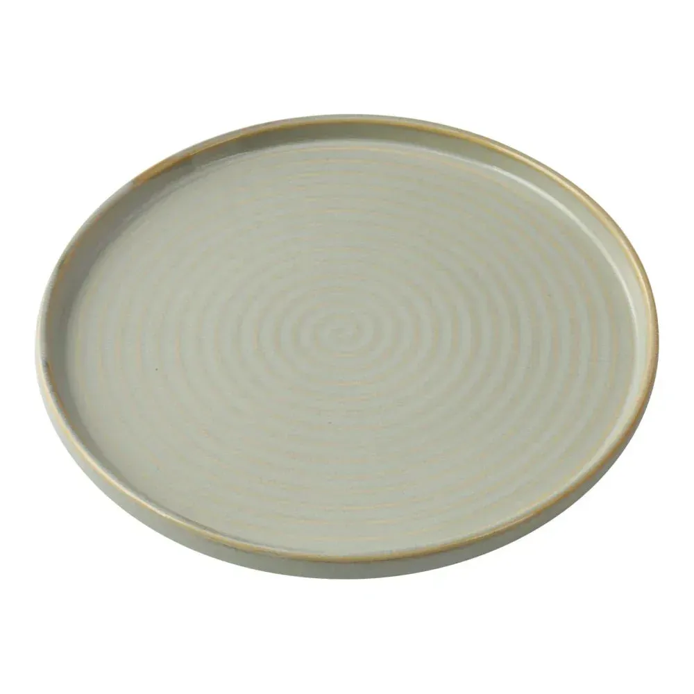 Large twelve inch round plate from Yanco China, with an upright rim and textured surface for a modern, minimalist food frame.