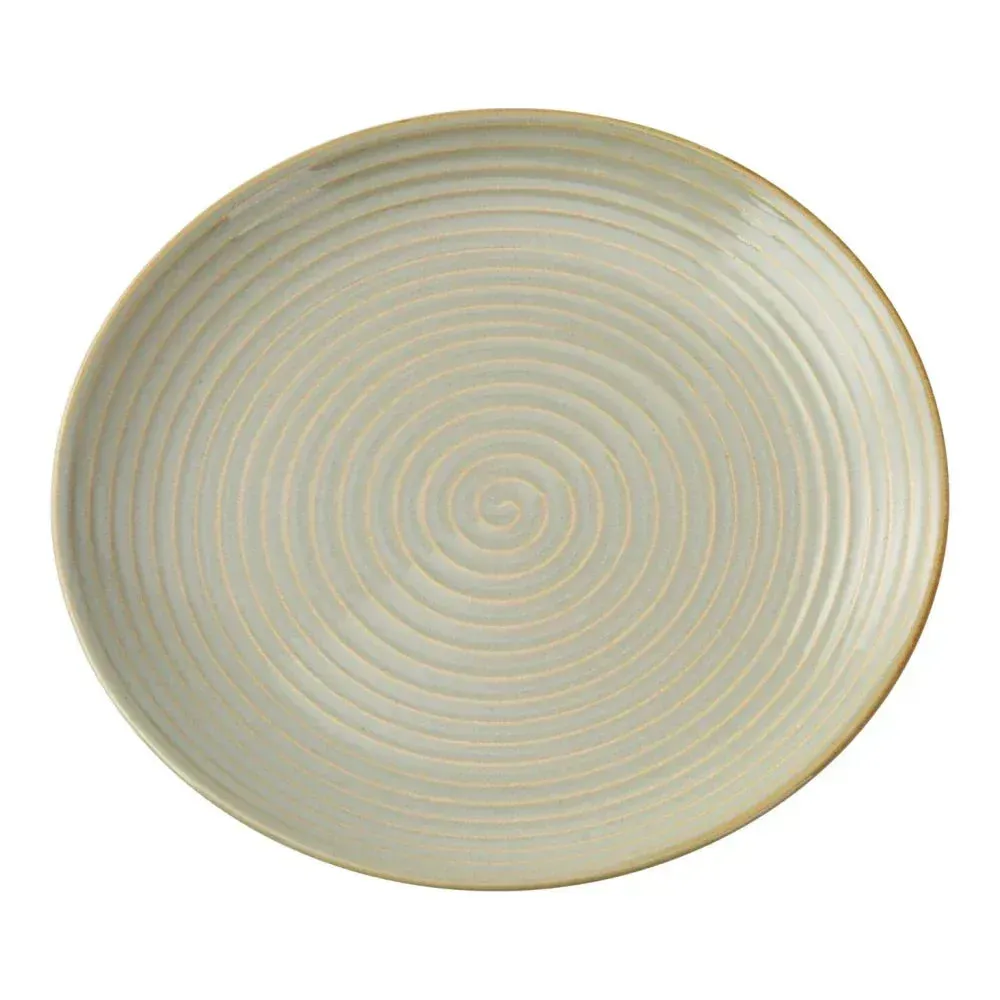 Yanco China round coupe plate with spiral texture, providing an elegant frame for main course presentations in restaurants or catering.