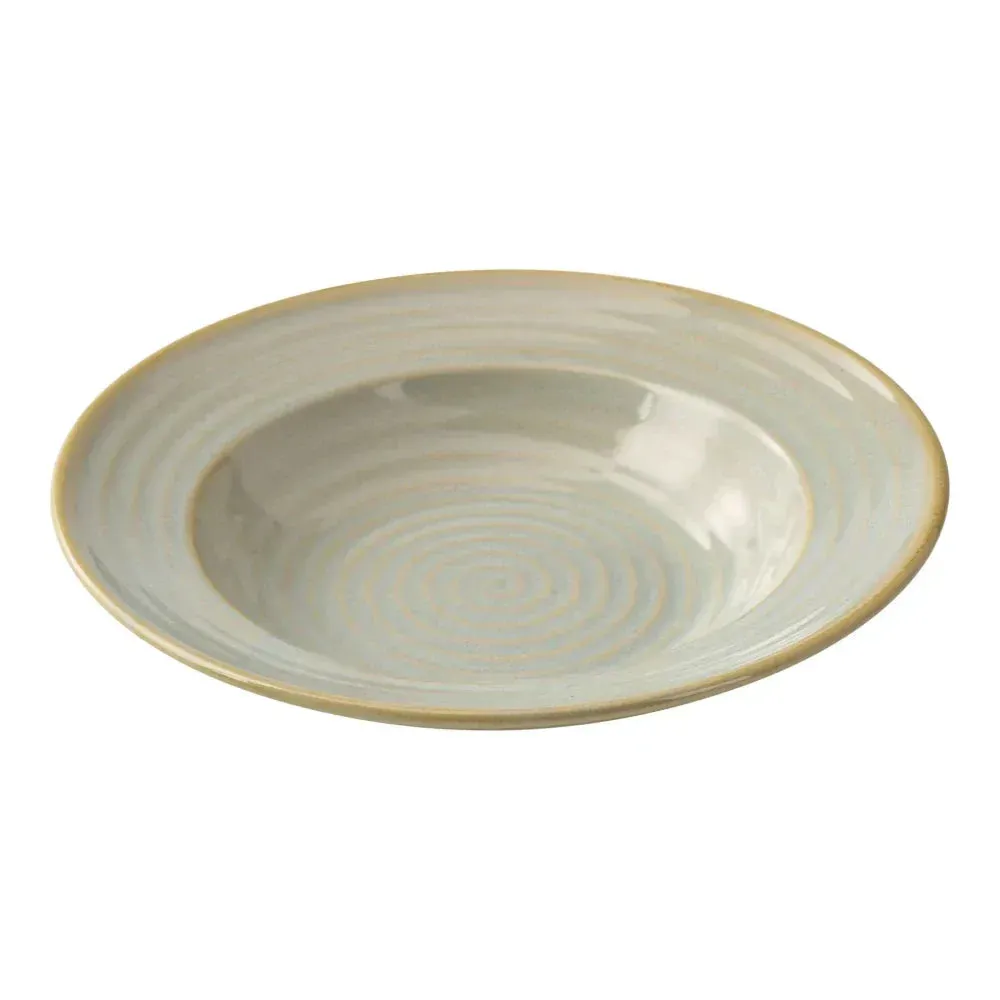 Eight ounce round soup plate from Yanco China, with a textured rim offering artisanal presentation for soups, stews, or appetizers.