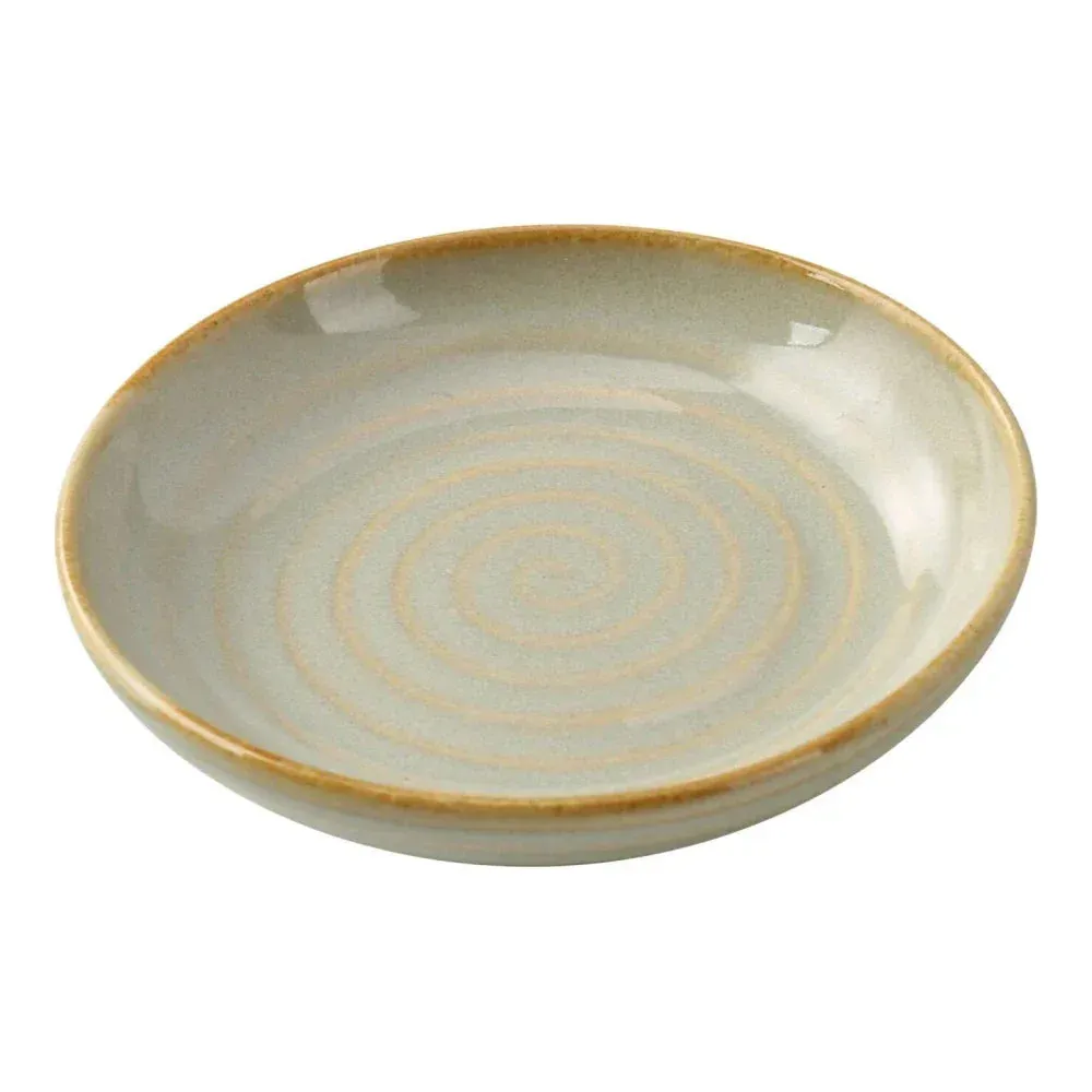 Very small porcelain sauce dish from Yanco China, with a swirled textured interior for individual dipping sauces or condiments.