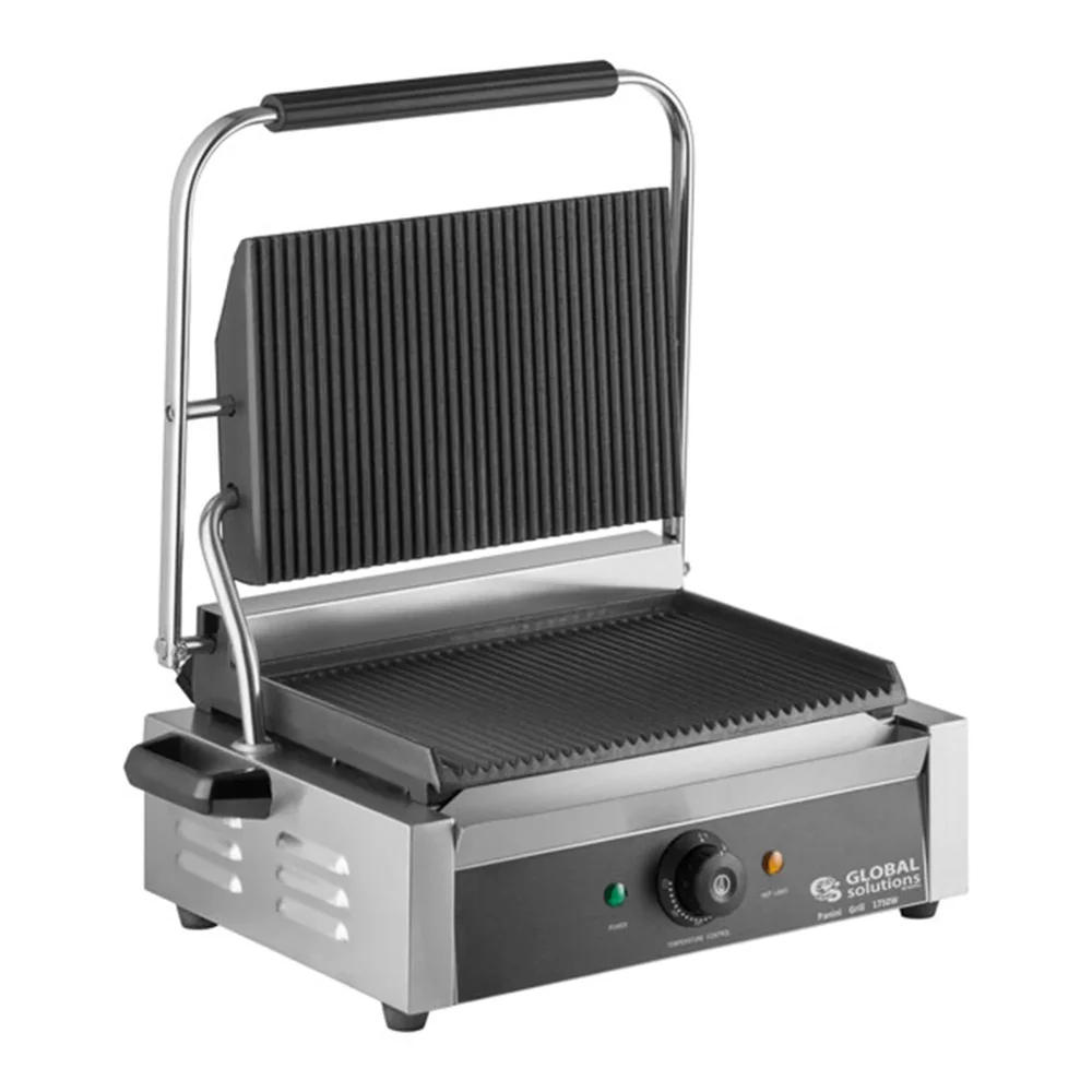 Global Solutions by Nemco GS1621 Sandwich Press & Panini Grill with Grooved Plates, 13" x 8.5", 120V, 1750W