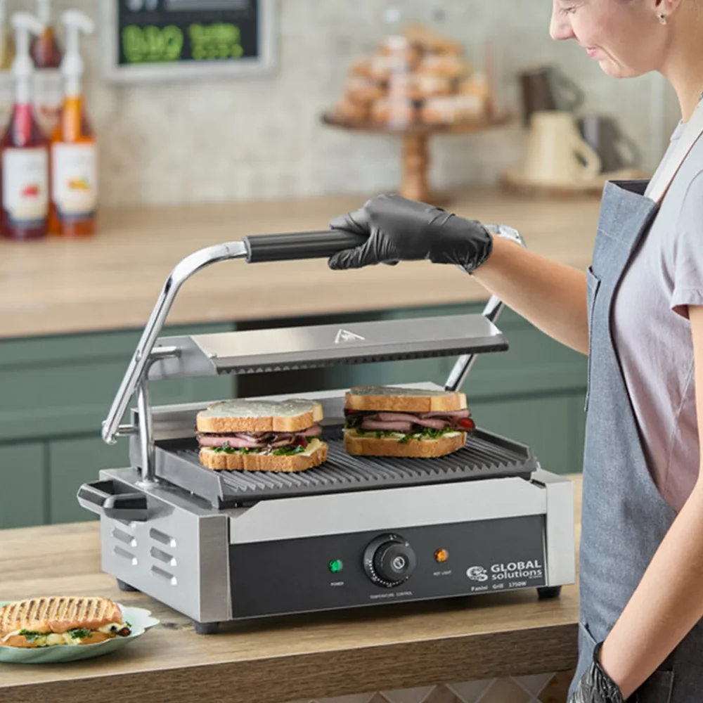 Global Solutions by Nemco GS1621 Sandwich Press & Panini Grill with Grooved Plates, 13" x 8.5", 120V, 1750W