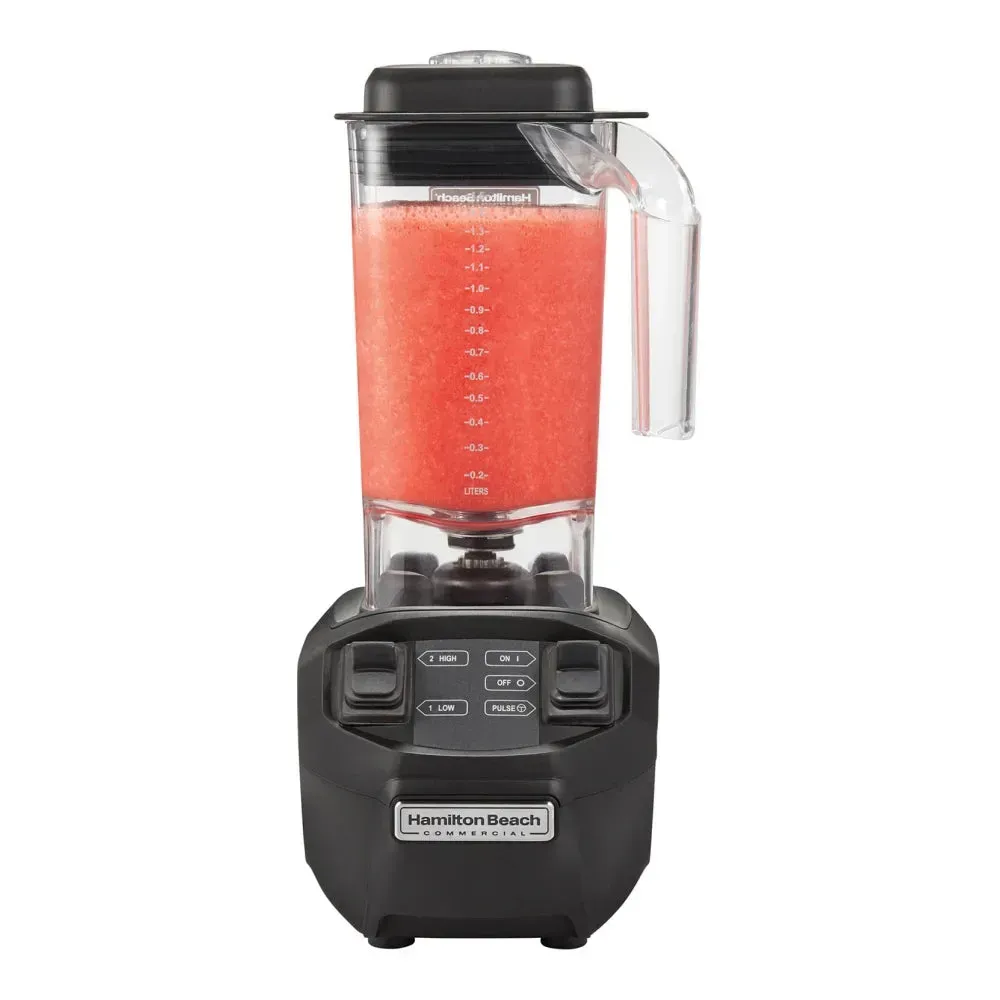 Black base Hamilton Beach blender with toggle controls, clear Tritan jar, side handle, black lid, and spout attachment for smooth beverage pouring.