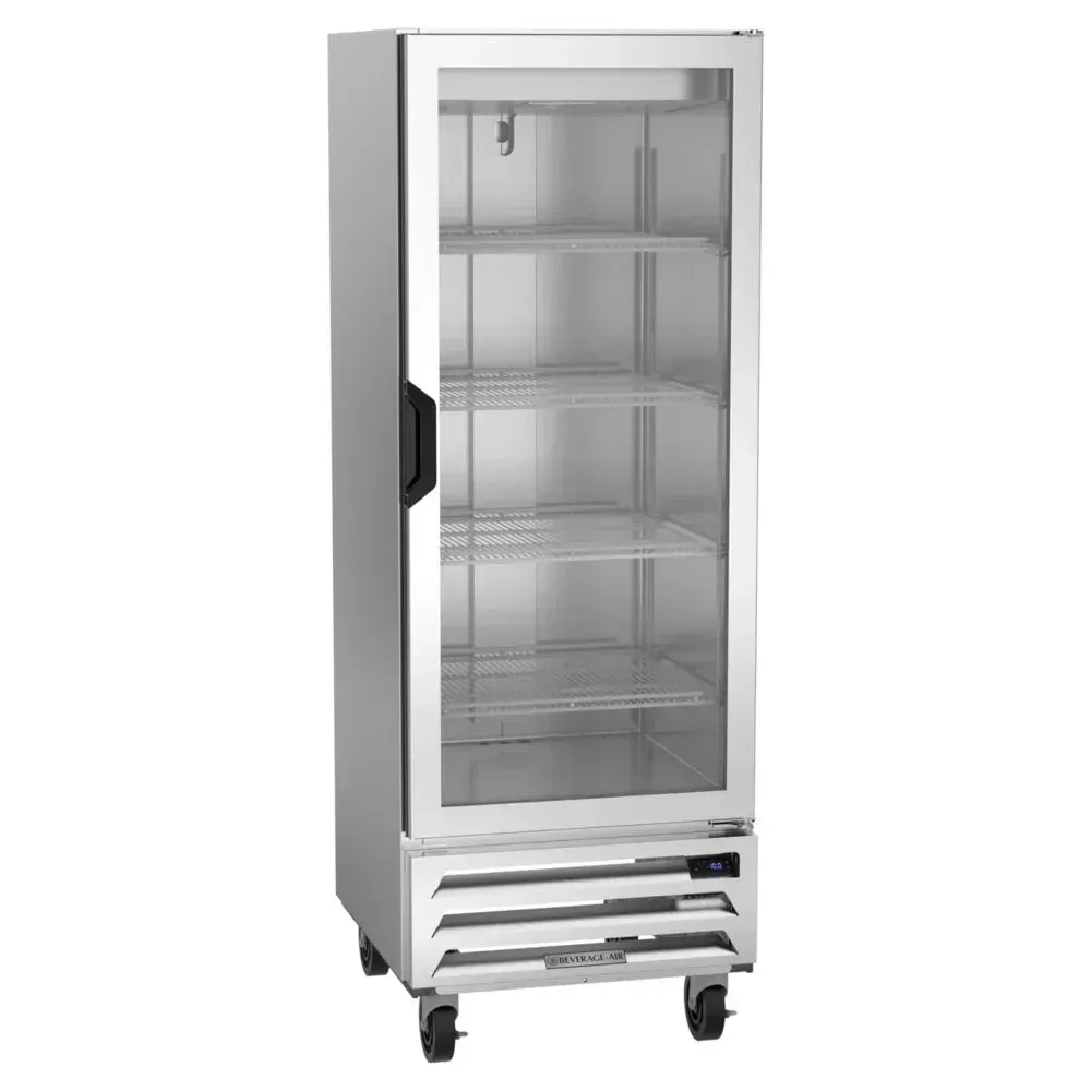 Beverage-Air glass door bottom-mounted reach-in freezer ideal for compact foodservice areas needing quick access and frozen product visibility.