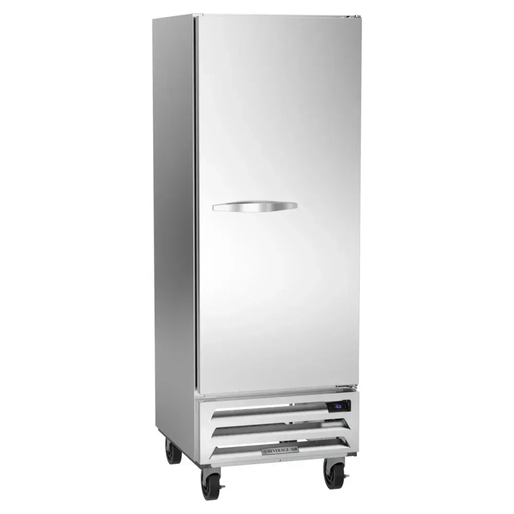Beverage-Air bottom-mounted solid door reach-in freezer features space-saving design for frozen storage in restaurants and commercial kitchens.